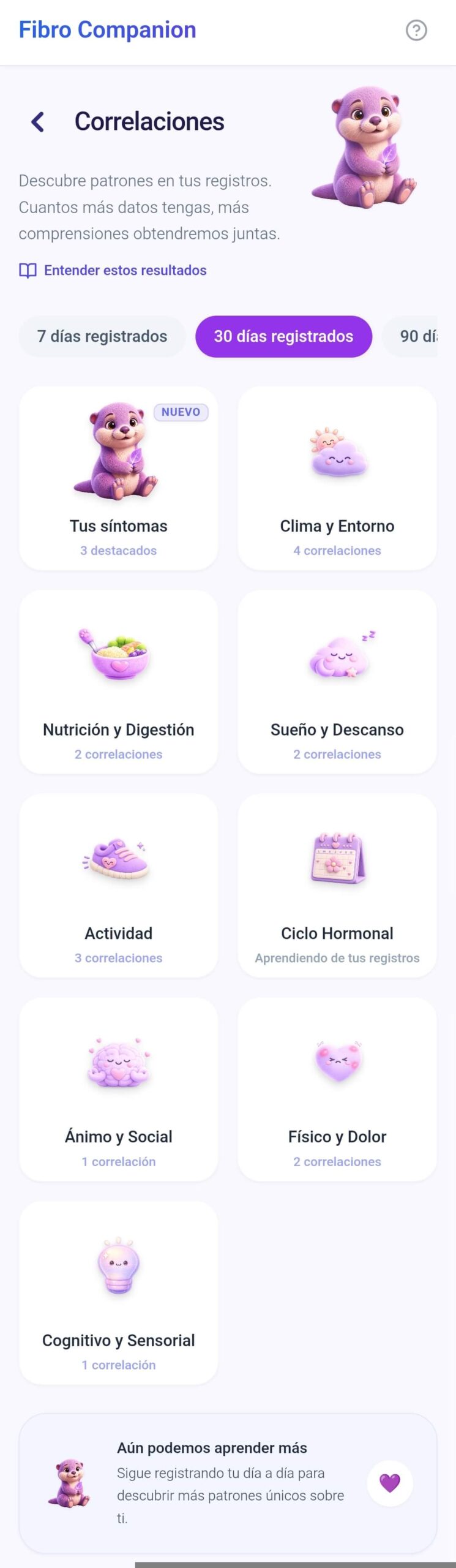 Pantalla de correlaciones entre síntomas, sueño, actividad, ciclo y dolor en Fibro Companion