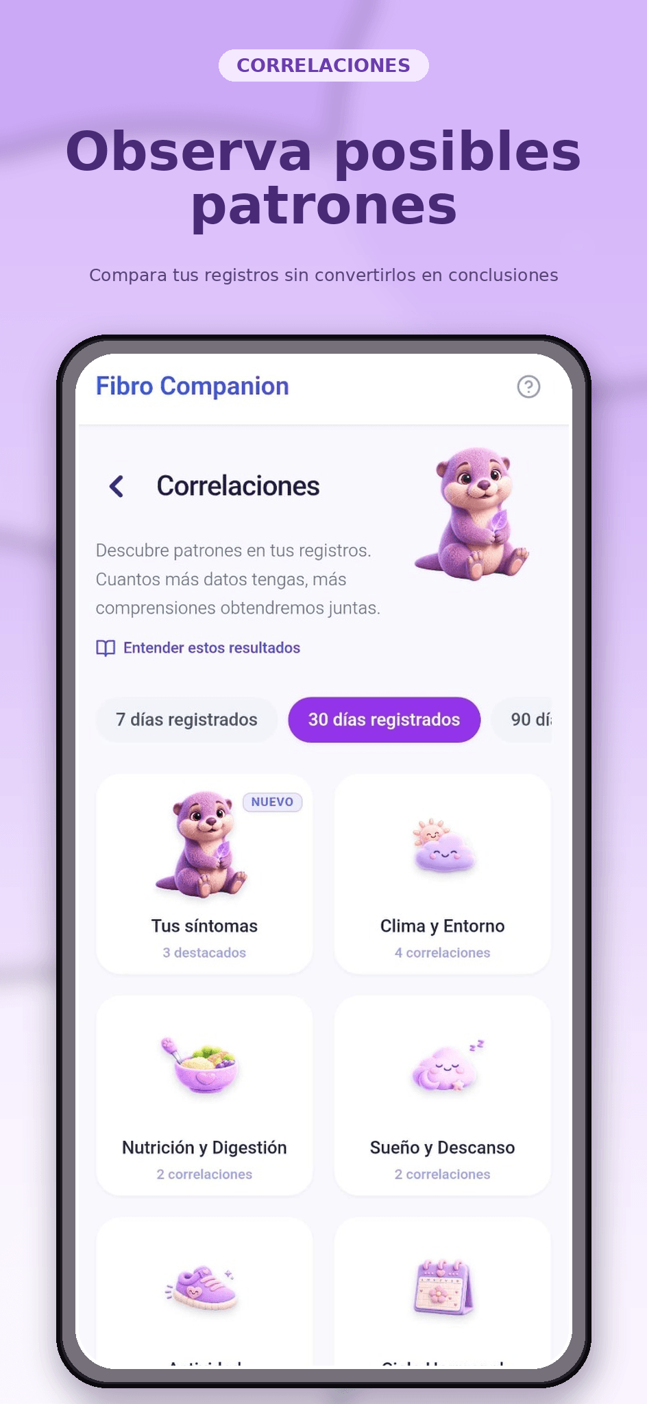 Pantalla de correlaciones de síntomas de Fibro Companion