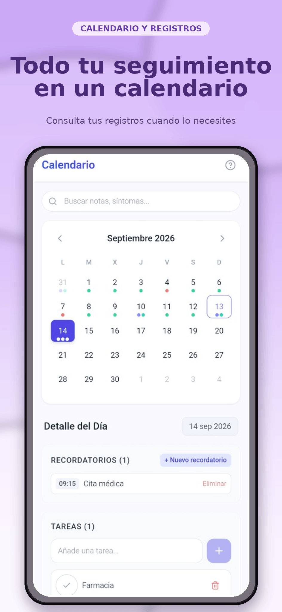 Calendario e historial de registros de Fibro Companion
