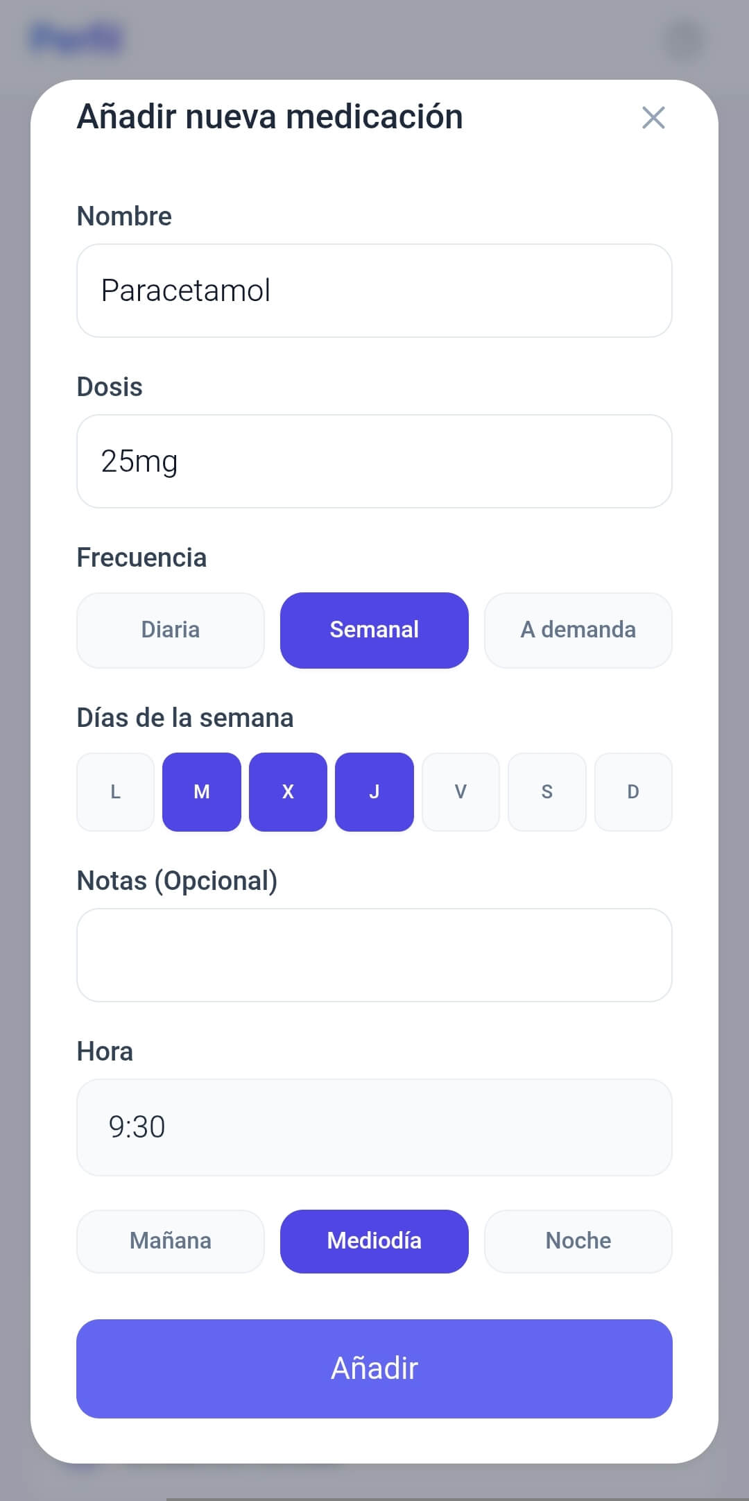 Formulario para registrar nombre, dosis, frecuencia y horario de medicación en Fibro Companion