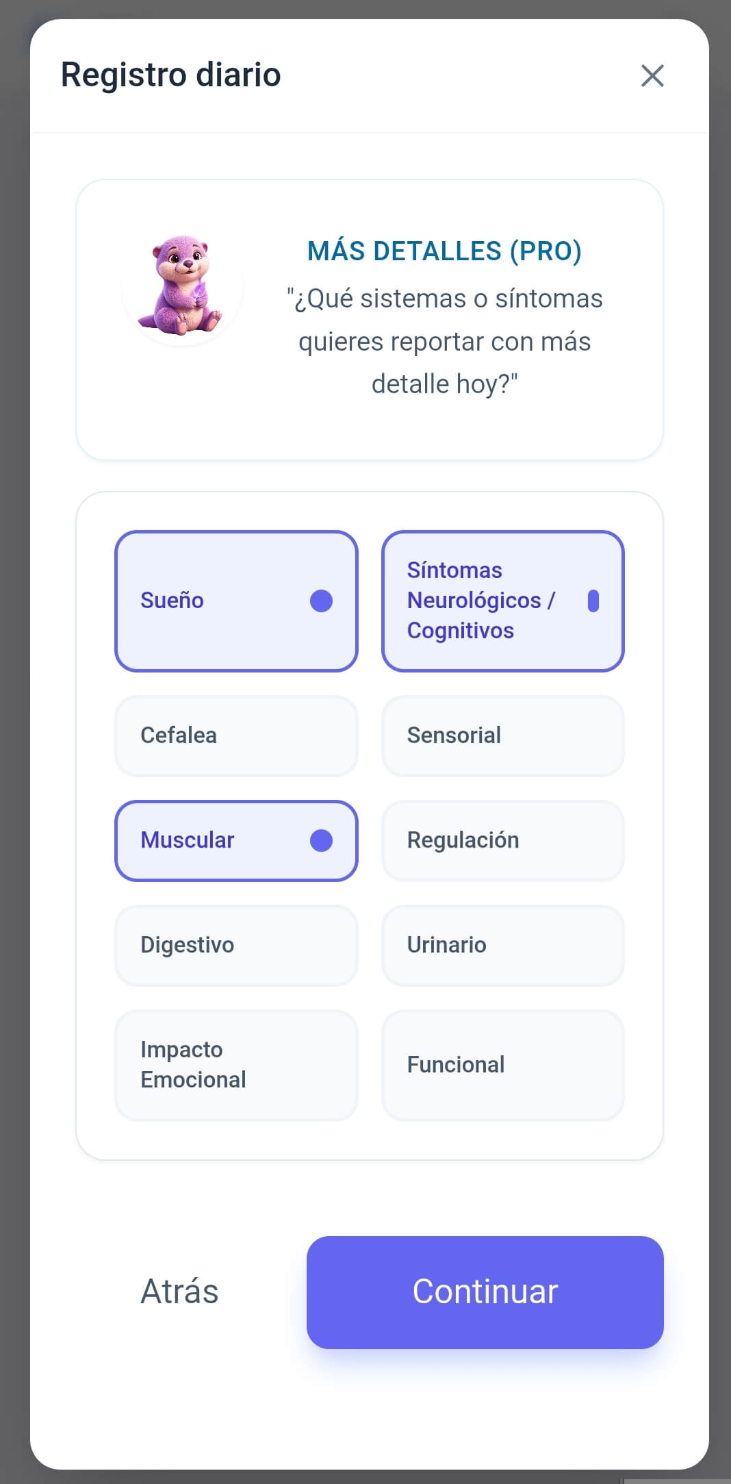 Selección de síntomas para un registro diario detallado en Fibro Companion